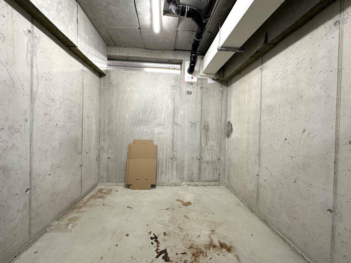 Leerer Abstellraum im Untergeschoss mit unverputzten Betonwänden und einem Karton auf dem Boden.