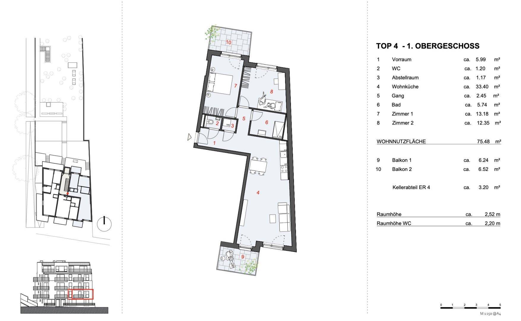 Grundriss der Wohnung im ersten Obergeschoss mit zwei Balkonen und zwei Schlafzimmern.