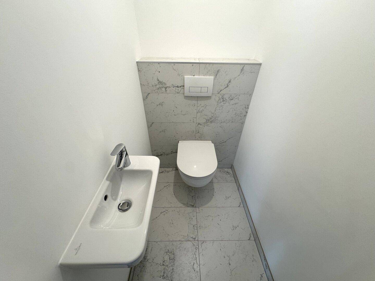 Kleines Gäste-WC mit wandhängender Toilette und modernem Handwaschbecken.