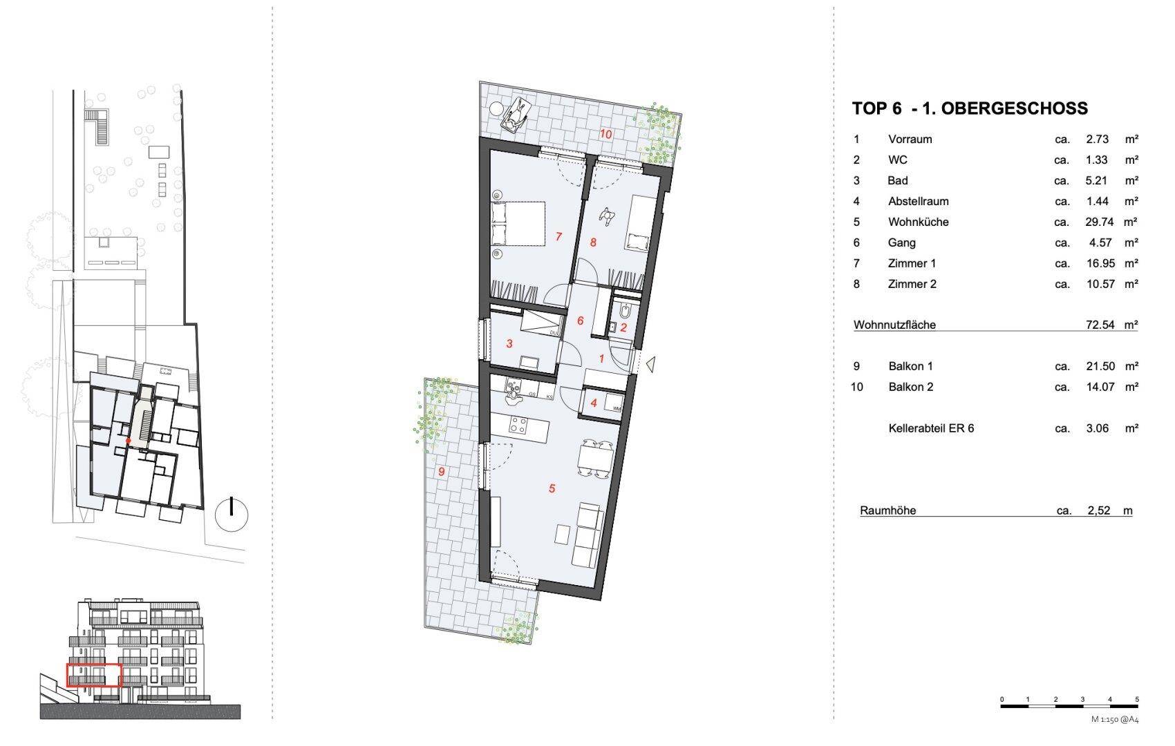 Detaillierter Grundriss des 1. Obergeschosses mit zwei Balkonen und Raumaufteilung.