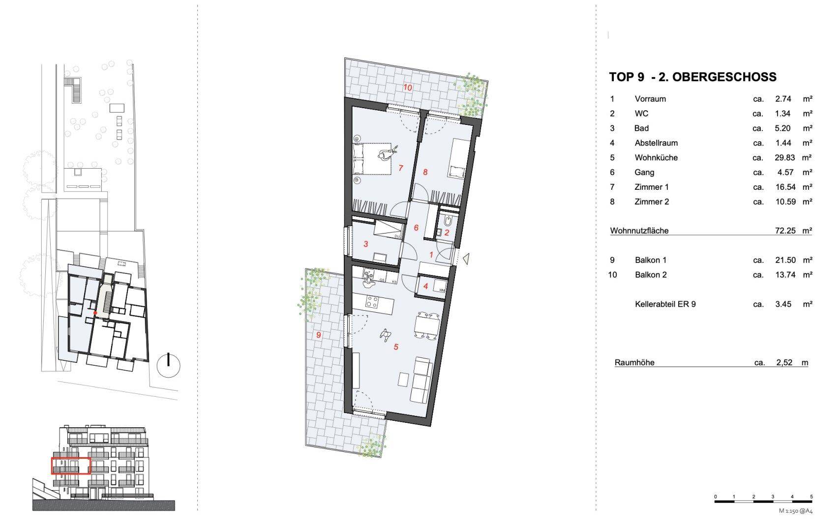 Detaillierter Grundriss einer Wohnung im 2. Obergeschoss mit zwei Balkonen und Raumaufteilung.