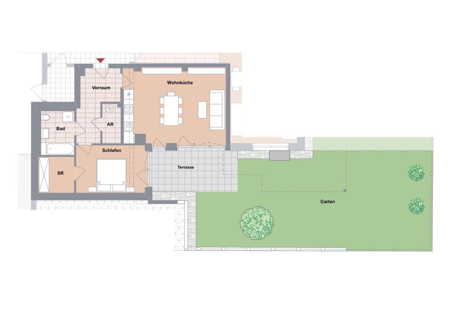Detaillierter Grundriss einer Erdgeschosswohnung mit offener Wohnküche, Schlafzimmer, Bad, Terrasse und privatem Garten.