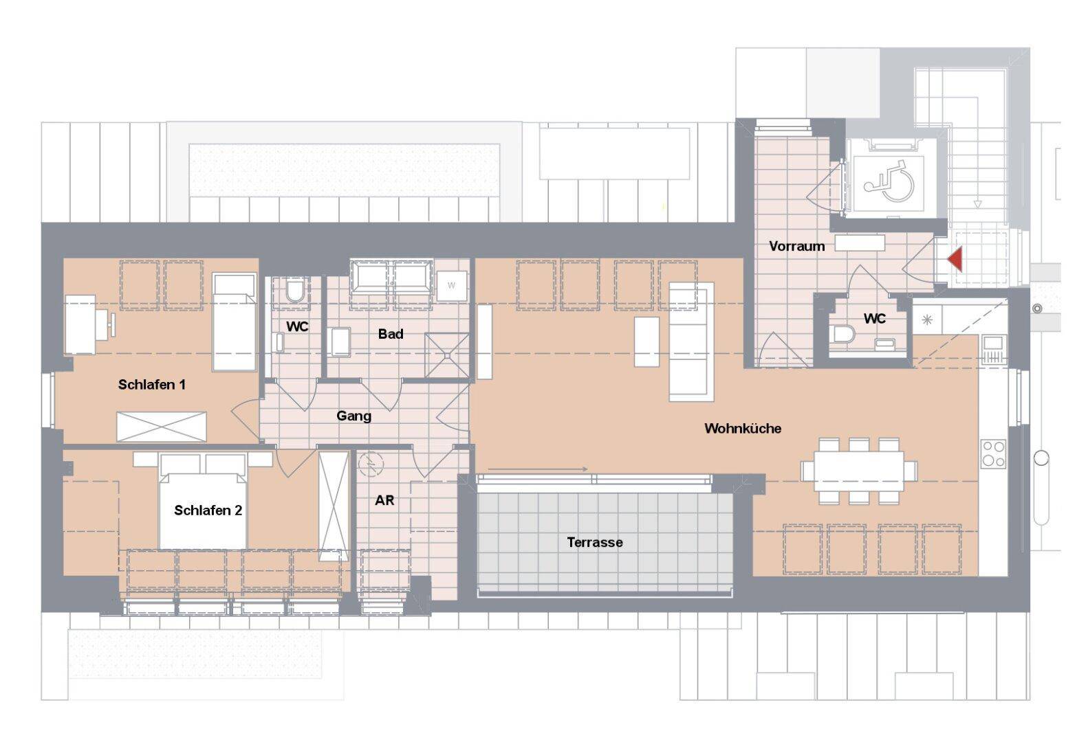 Grundriss einer Wohnung mit zwei Schlafzimmern, offener Wohnküche, Bad, separatem WC und Terrasse.