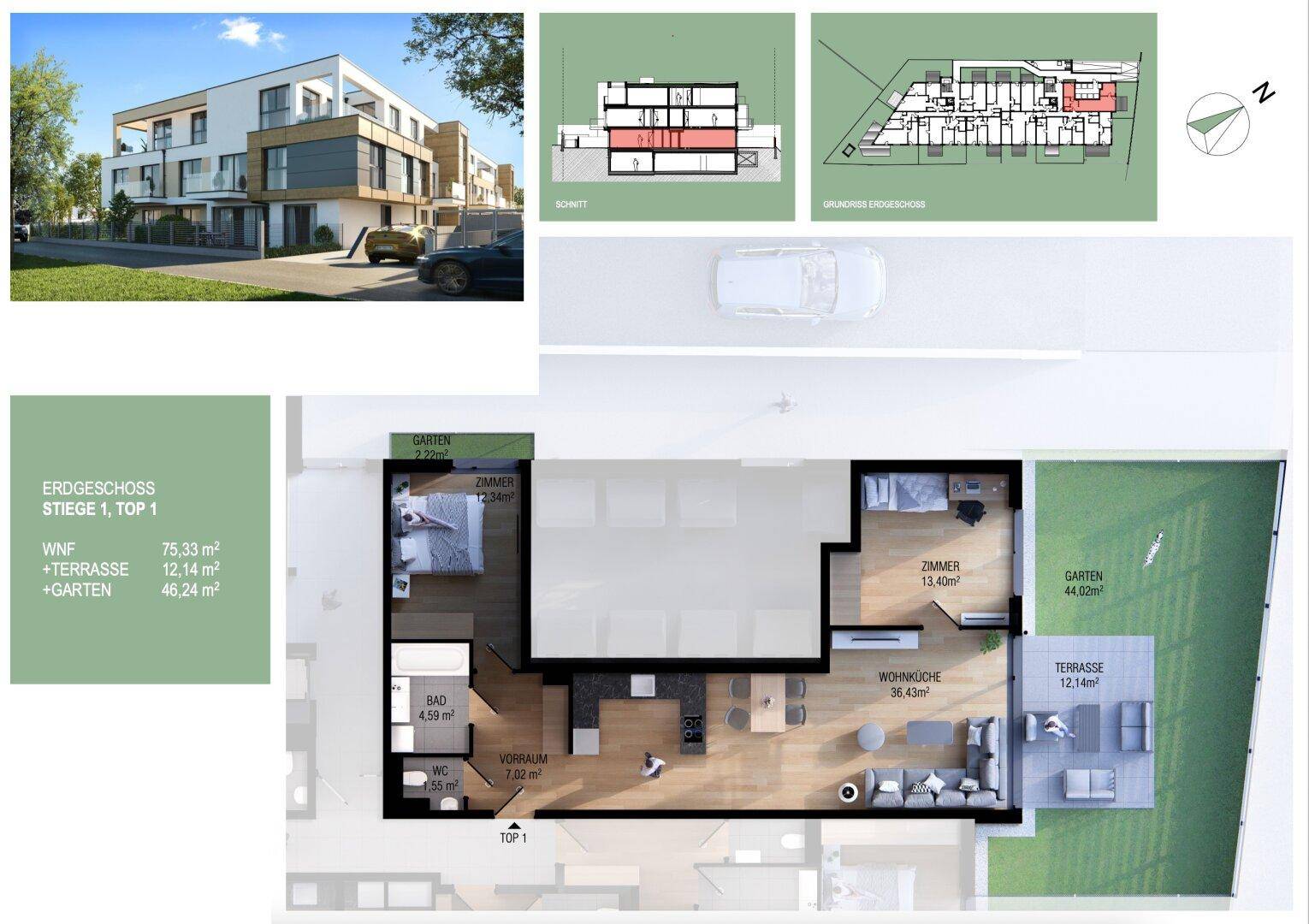 Detaillierter Grundriss einer Erdgeschosswohnung mit Garten und Terrasse.