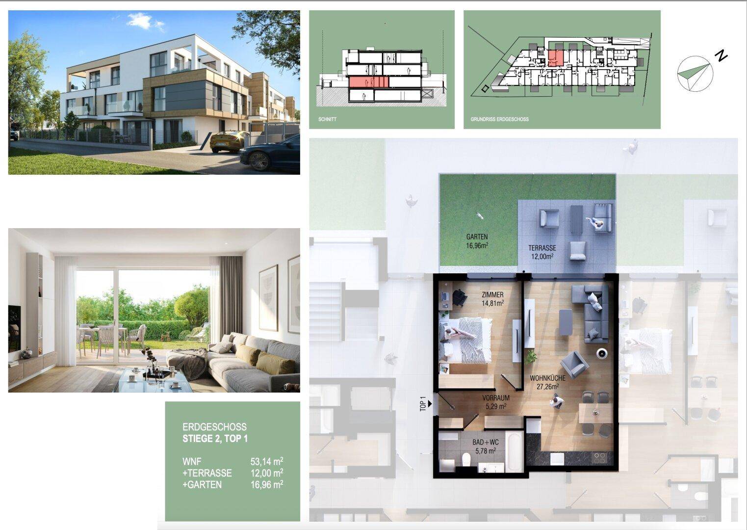 Collage mit Grundriss, Außenansicht und Innenraumvisualisierung einer Erdgeschosswohnung.