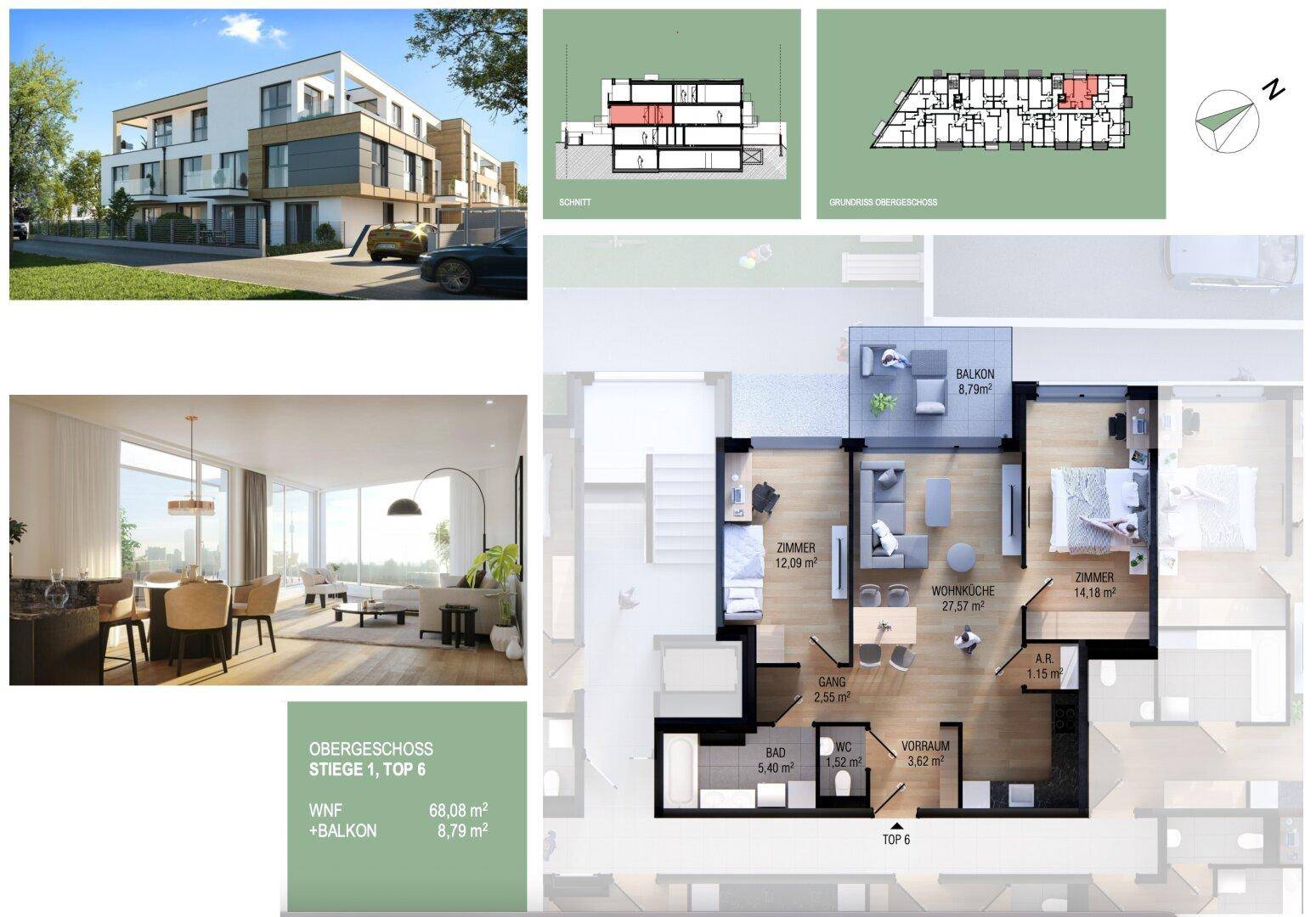 Übersicht des Projekts mit Grundrissen, Außenansicht und Wohnbereichs-Rendering.