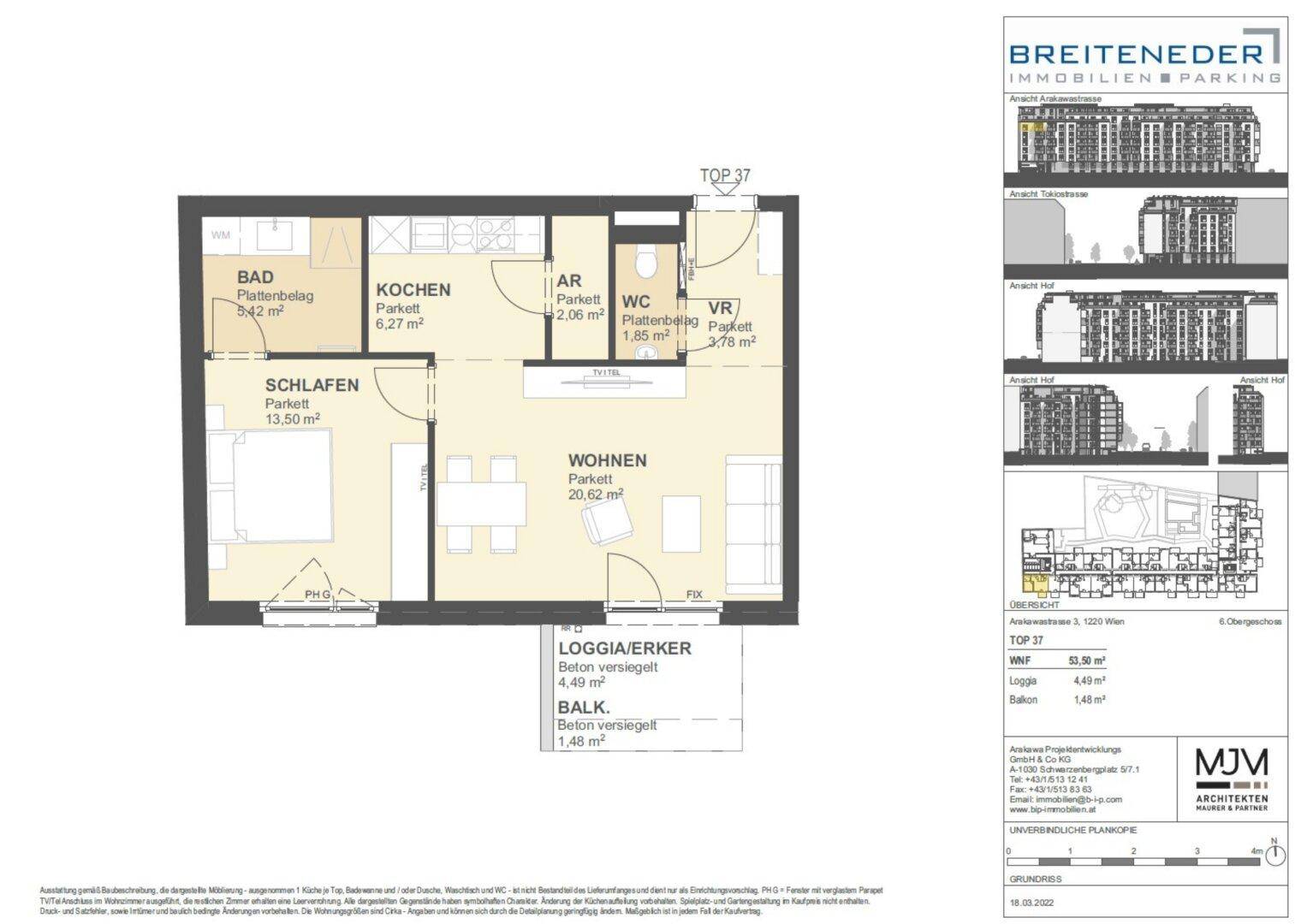 Grundriss einer Wohnung mit Loggia und Balkon, zeigt Schlafzimmer, Wohnzimmer und Küche.