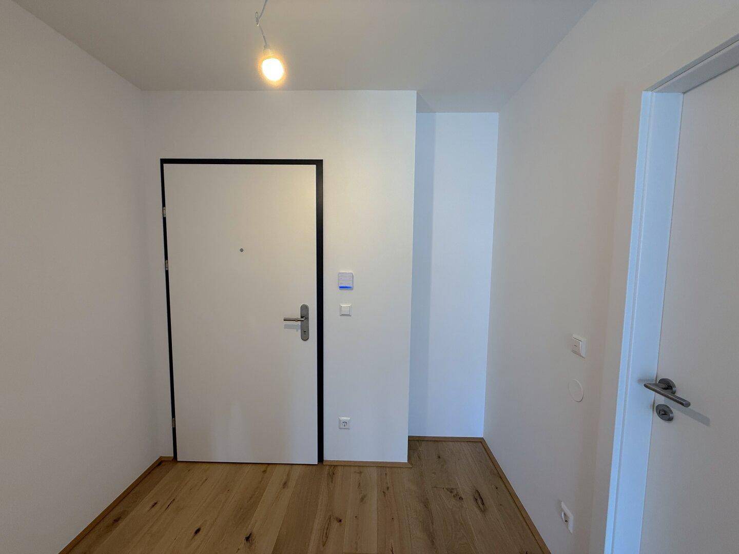 Eingangsbereich mit Sicherheitstür und hellem Parkettboden, bietet einen freundlichen Empfang.