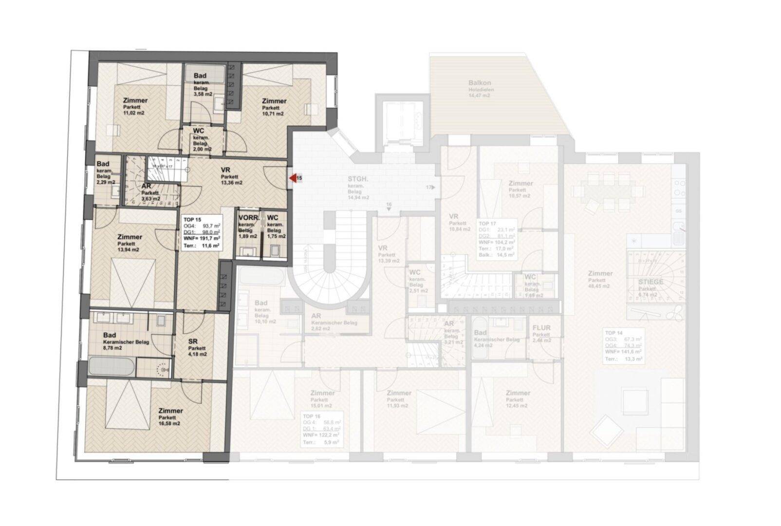 Grundrissplan mit mehreren Schlafzimmern, Bädern und WCs, detaillierte Raumaufteilung.