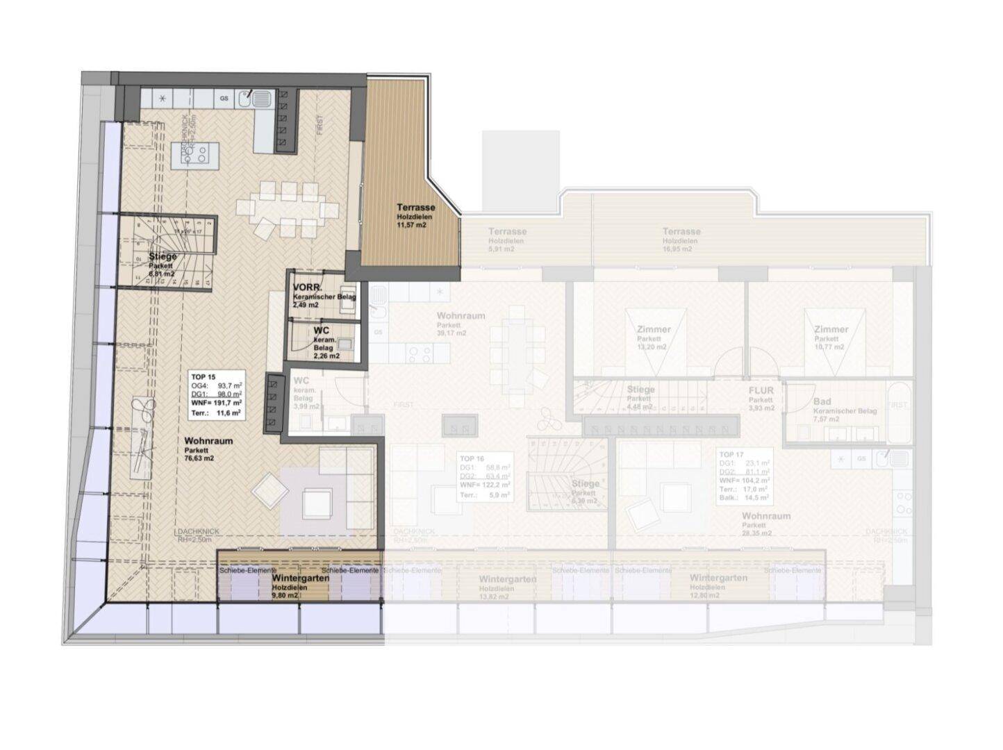 Grundrissplan mit offenem Wohnbereich, Küche, Terrasse und Wintergarten, gut strukturiert.