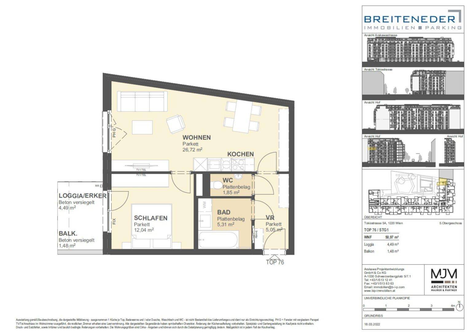 Grundriss einer Wohnung mit offenem Wohnbereich, Schlafzimmer, Bad und Loggia.