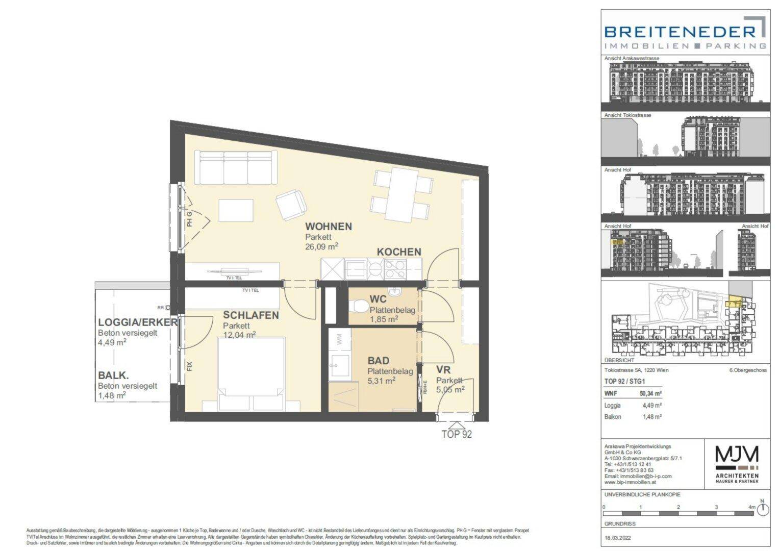 Grundriss einer Wohnung mit offenem Wohn-Kochbereich, Schlafzimmer, Bad, WC und Loggia.