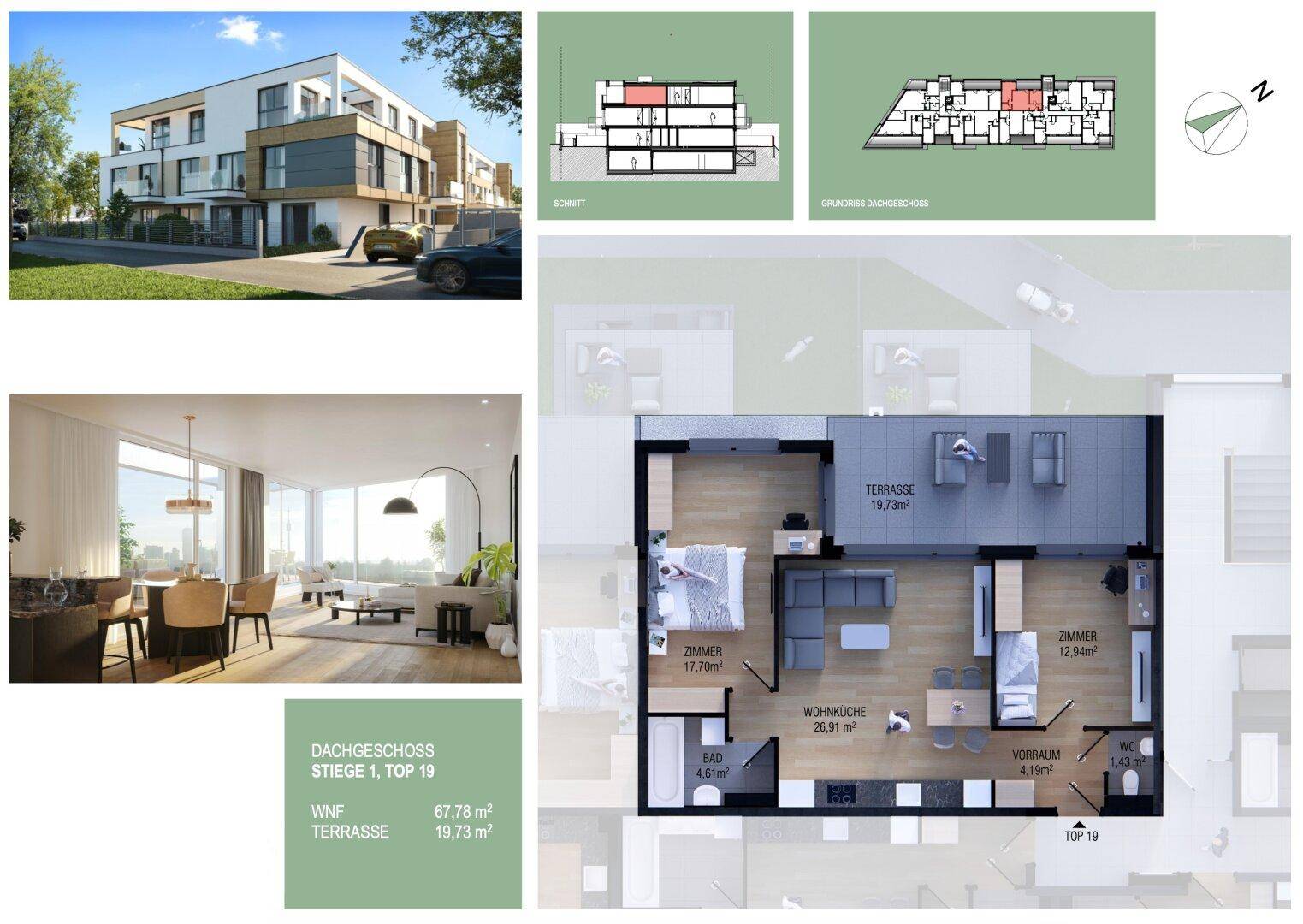 Grundriss einer Dachgeschosswohnung mit zwei Schlafzimmern, offener Wohnküche und großer Terrasse.