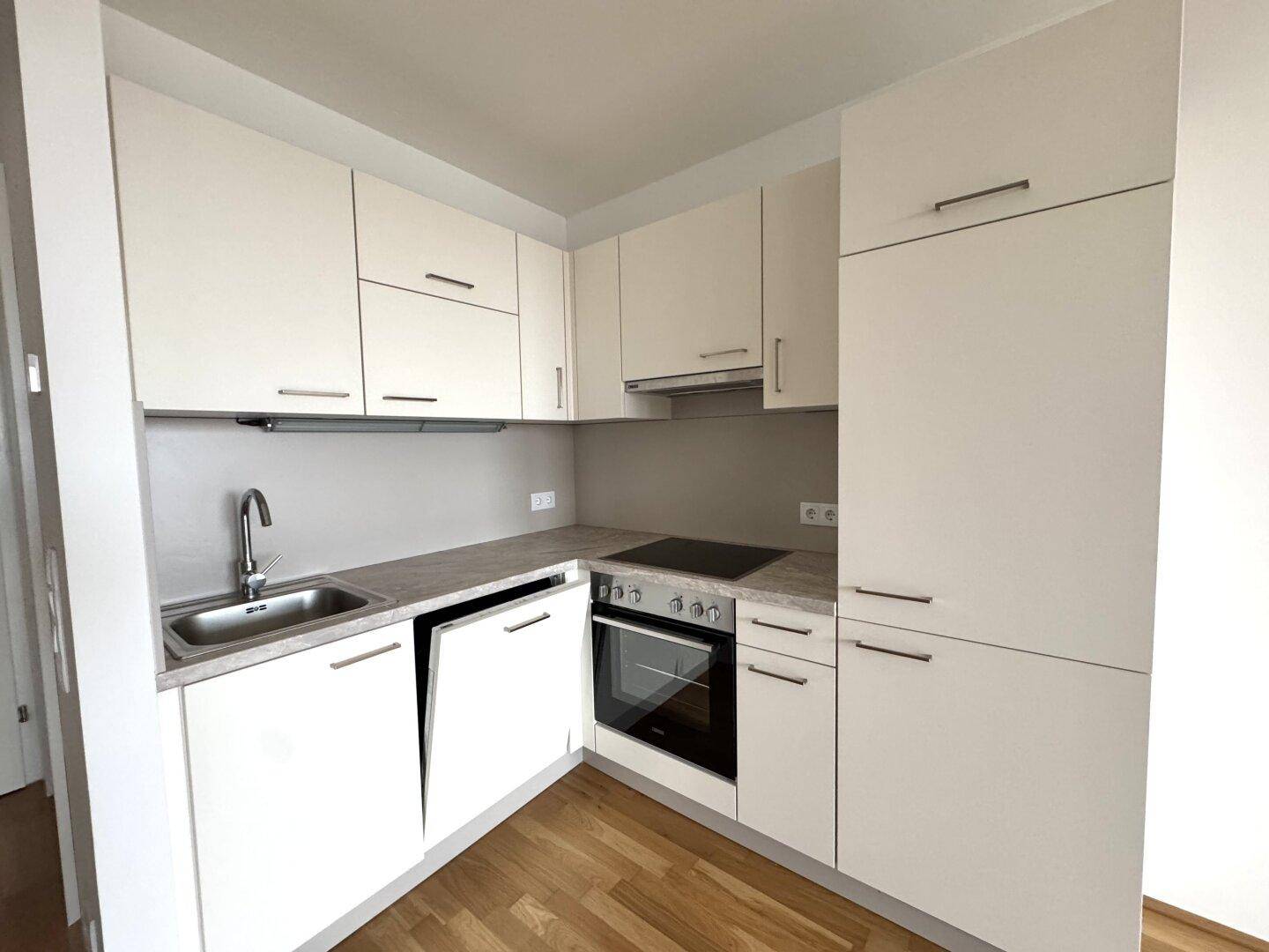 Moderne Küchenzeile mit weißen Schränken, Induktionskochfeld und integriertem Backofen.