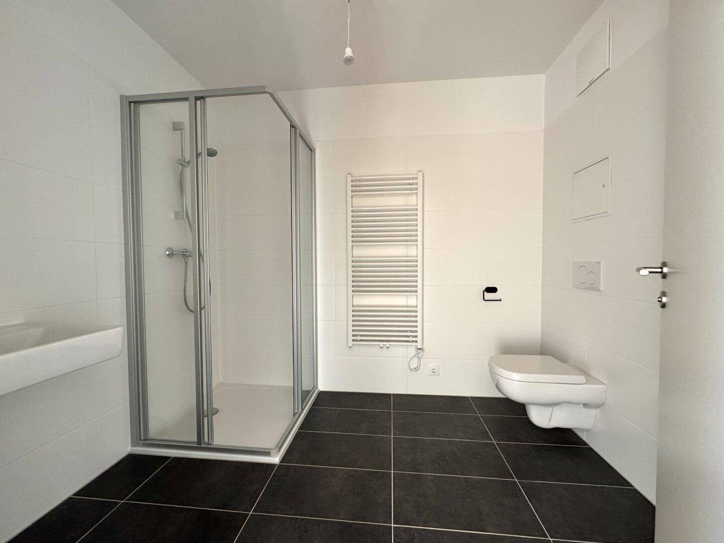 Modernes Badezimmer mit dunklen Fliesen, Duschkabine, wandhängendem WC und Handtuchheizkörper.