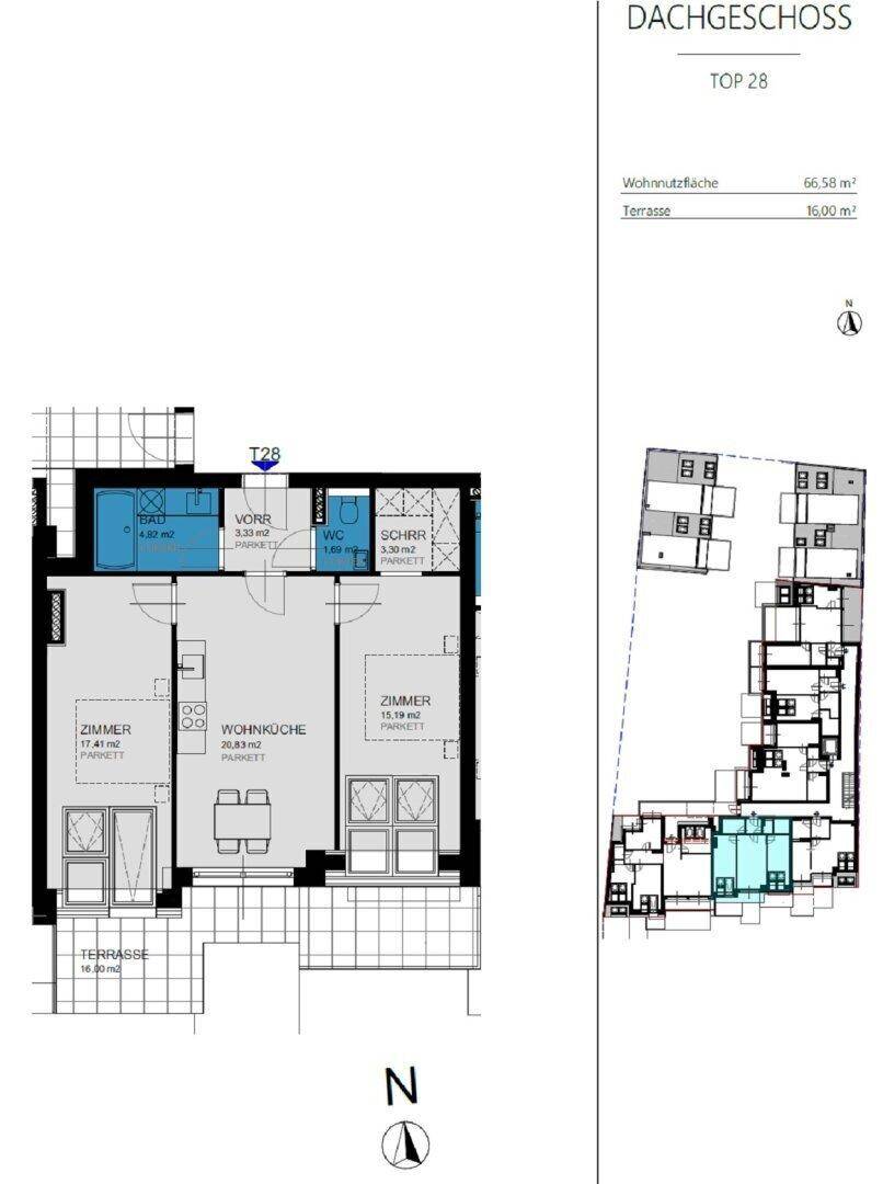 Grundriss des Dachgeschosses Top 28 mit offener Wohnküche, zwei Zimmern, Bad, separatem WC und großer Terrasse.