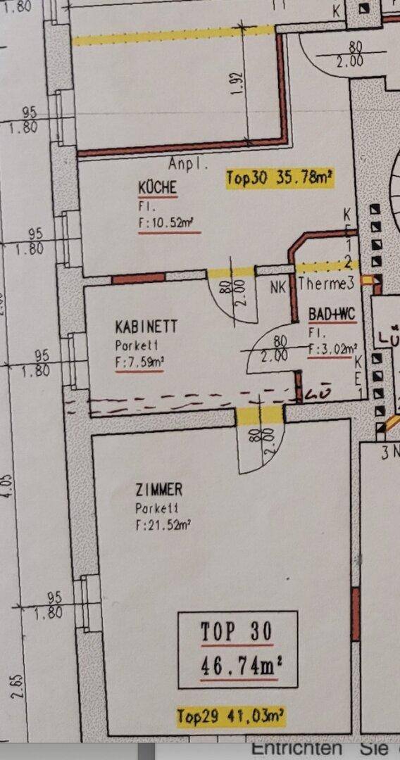 Grundriss einer Wohnung mit separater Küche, einem Zimmer, einem Kabinett und einem Bad mit WC.