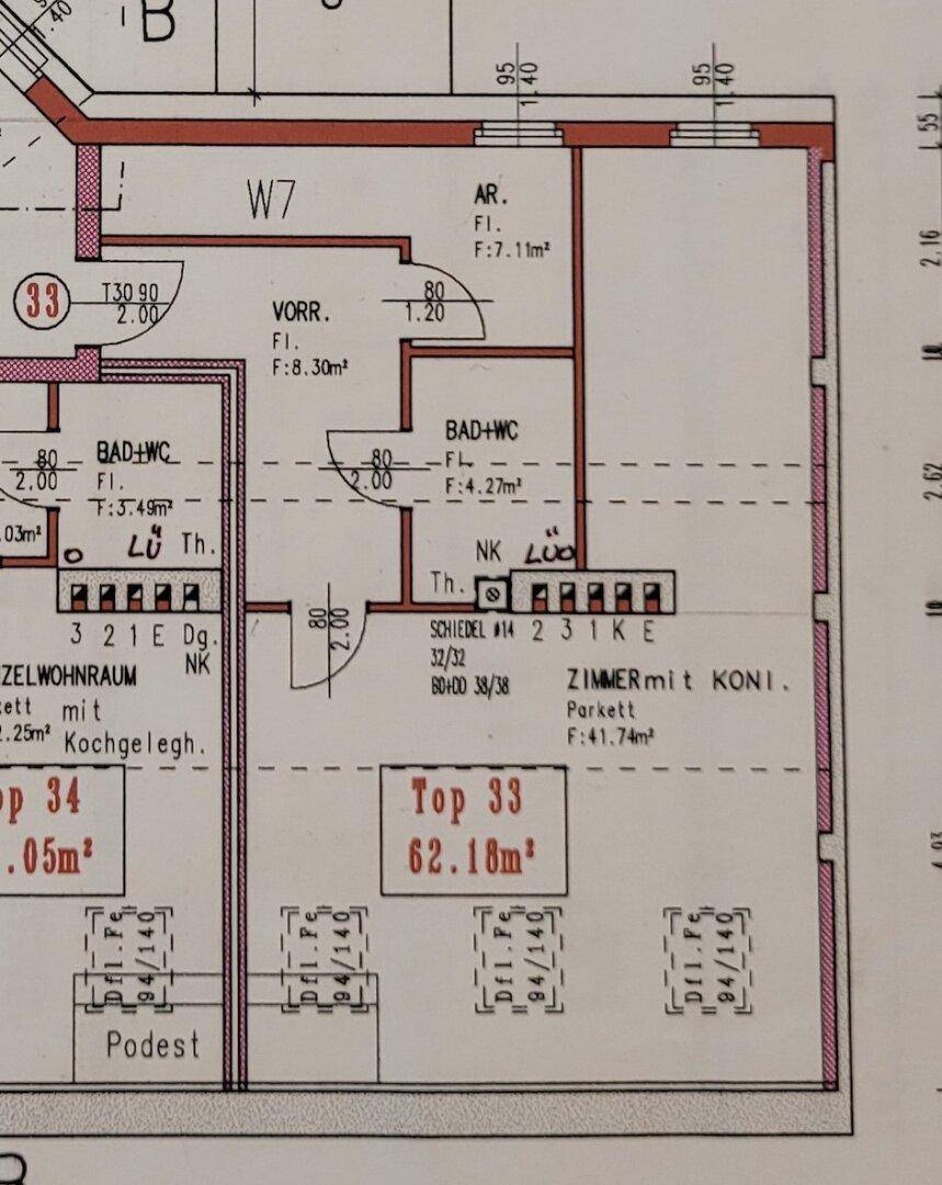 Ausschnitt eines Grundrisses mit Raumaufteilung und Flächenangaben für eine Wohnung.