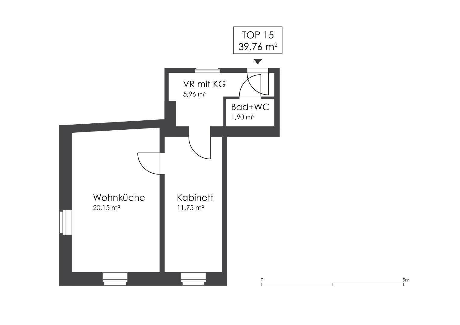 Grundriss einer kompakten Wohnung mit Wohnküche, Kabinett, Vorraum und Bad mit WC.