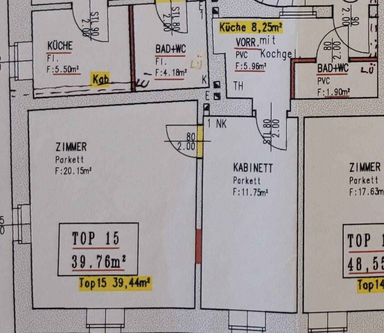 Detaillierter Grundriss einer Wohnung mit Zimmer, Kabinett, Küche und Bad mit WC.