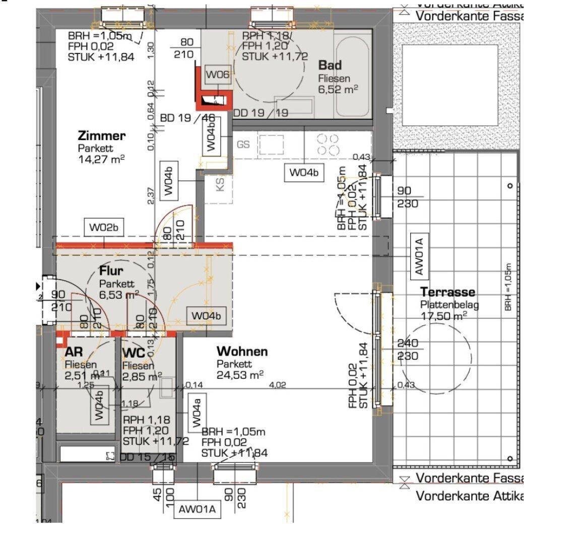 Grundriss der Wohnung mit Zimmern, Bad, WC, Flur, Wohnbereich und Terrasse.