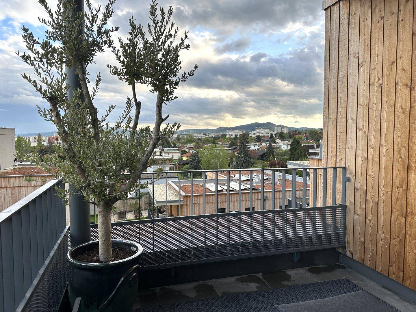 Offene Terrasse mit Topfbaum, Metallgeländer und weitem Blick über die Dächer der Stadt.