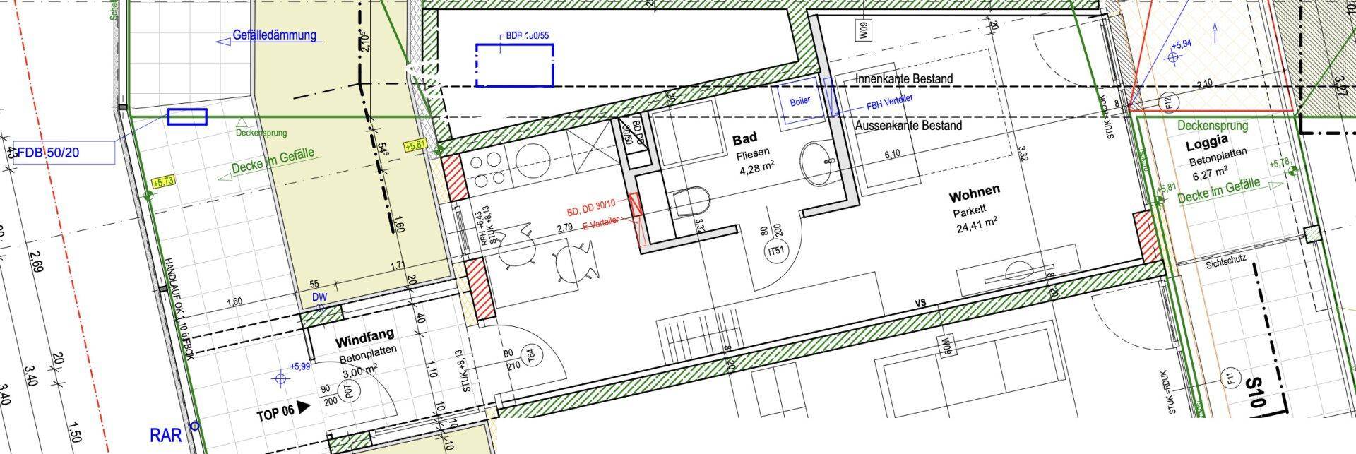 Grundrissplan einer Wohnung mit offenem Wohnbereich, integrierter Küche, Bad und Loggia.