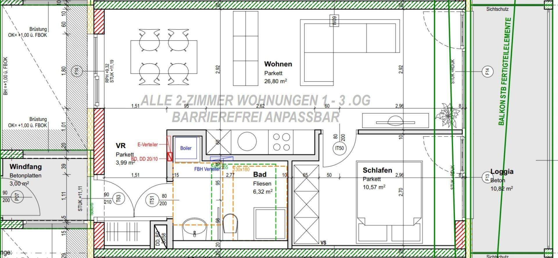 Grundriss einer barrierefrei anpassbaren 2-Zimmer-Wohnung mit offenem Wohnbereich, Loggia und Balkon.