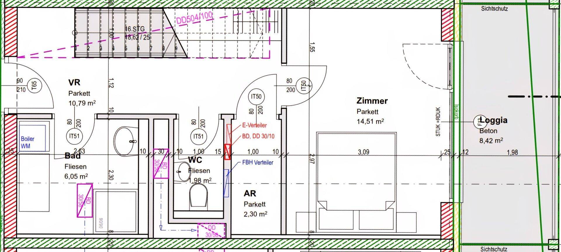Grundriss zeigt ein Zimmer, Bad, separates WC und einen Flur mit Zugang zu einer Loggia.