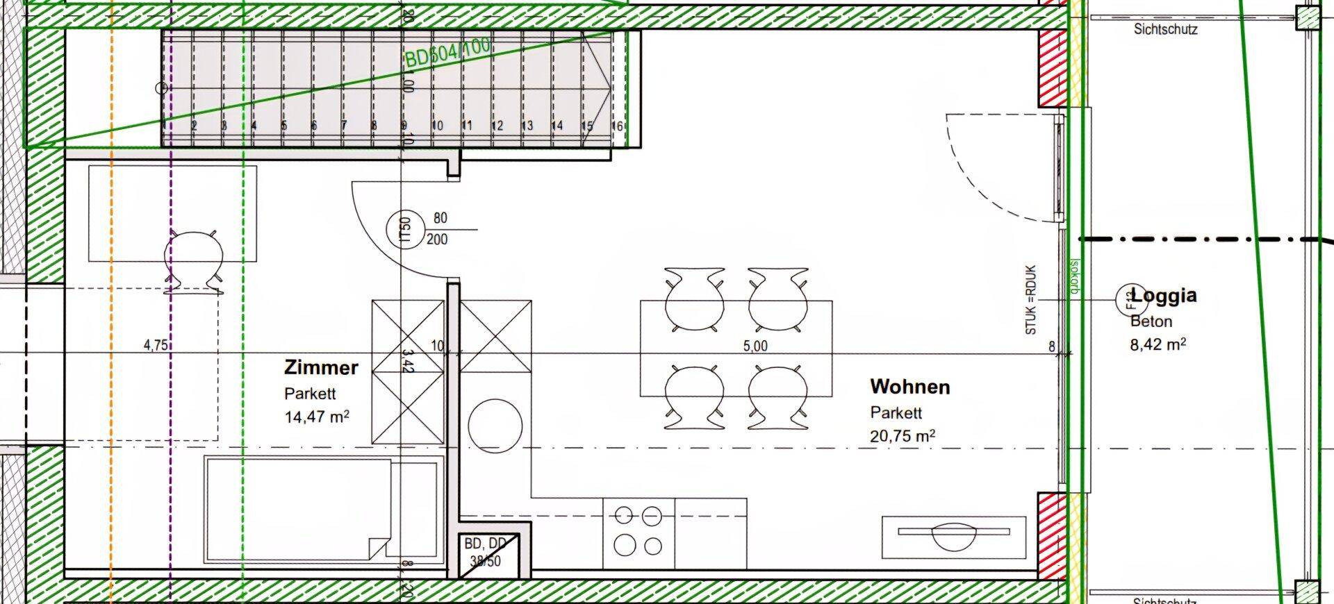 Grundriss zeigt ein Zimmer, einen offenen Wohnbereich mit integrierter Küche und Zugang zu einer Loggia.