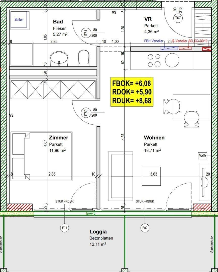 Detaillierter Grundriss einer Wohnung mit Loggia, Bad, Zimmer und offenem Wohnbereich.