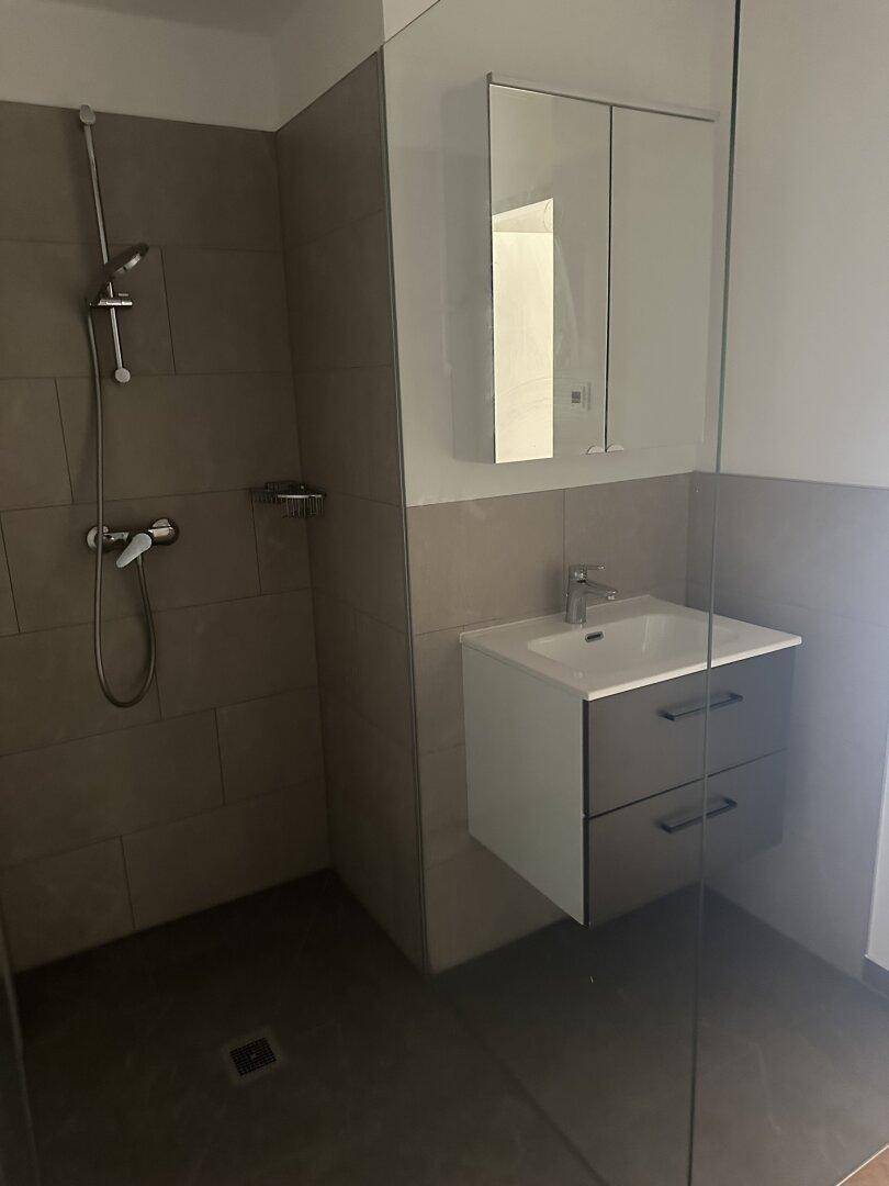 Modernes Badezimmer mit ebenerdiger Dusche, schwebendem Waschtisch und Spiegelschrank in neutralen Grautönen.