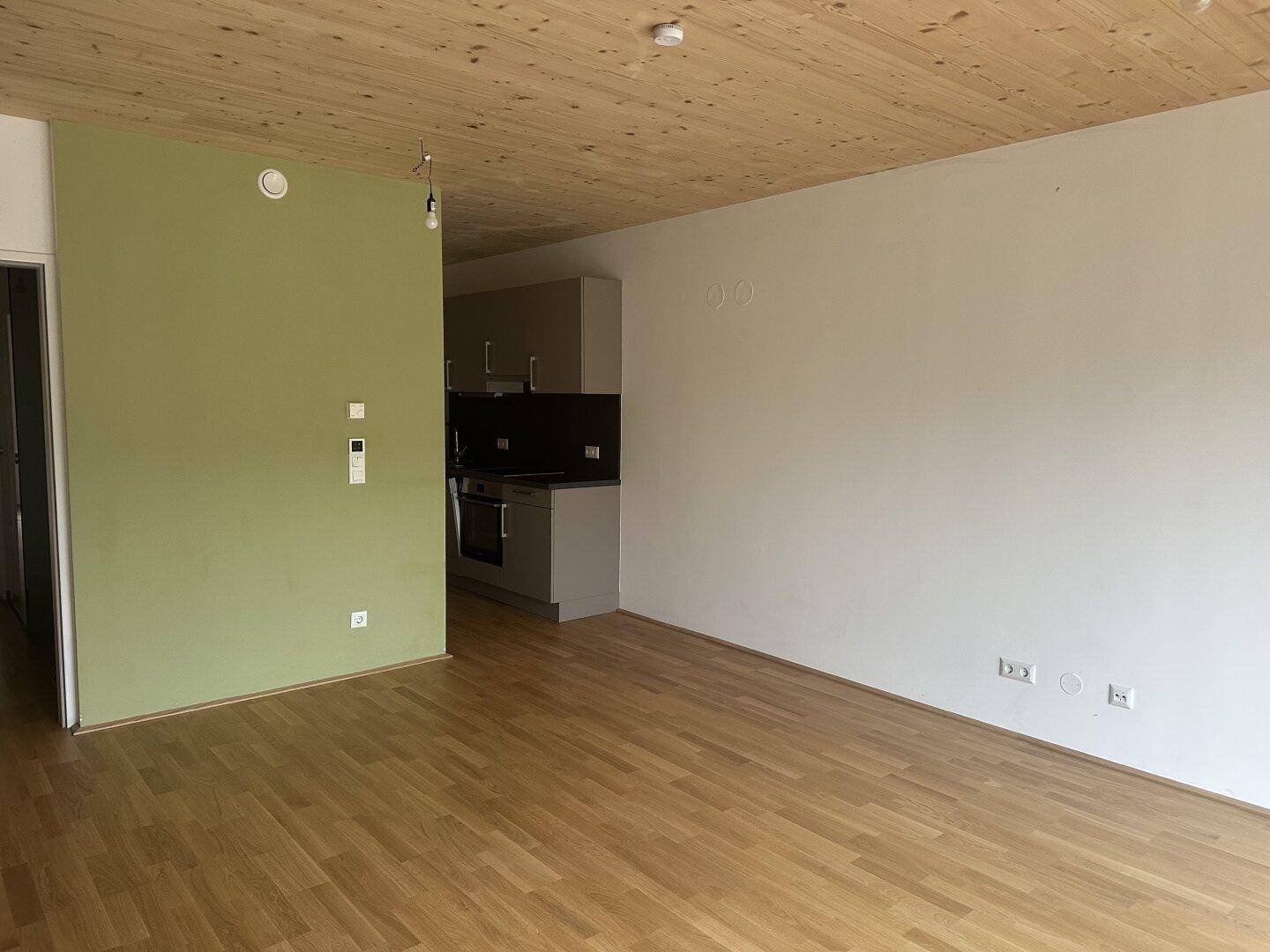 Heller Wohnbereich mit Holzboden und Holzdecke, einer grünen Akzentwand und offenem Übergang zur Küche.