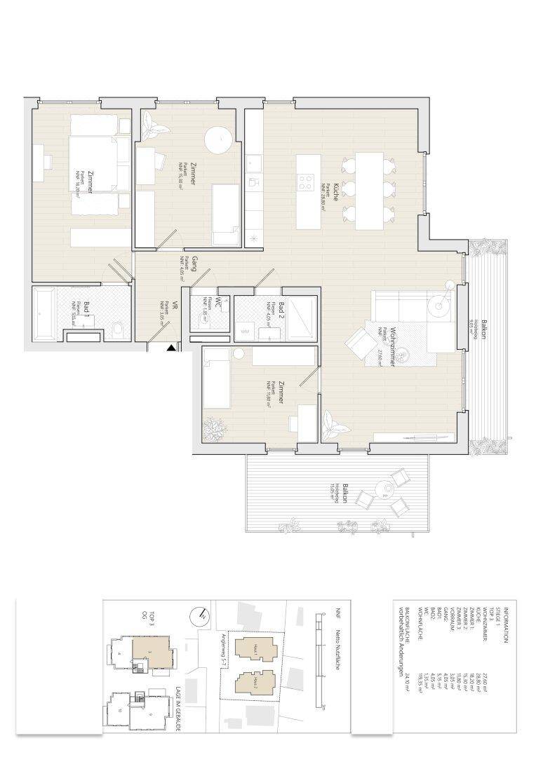 Detaillierter Grundriss mit mehreren Zimmern, Balkon und Terrasse, inklusive Lageplan.