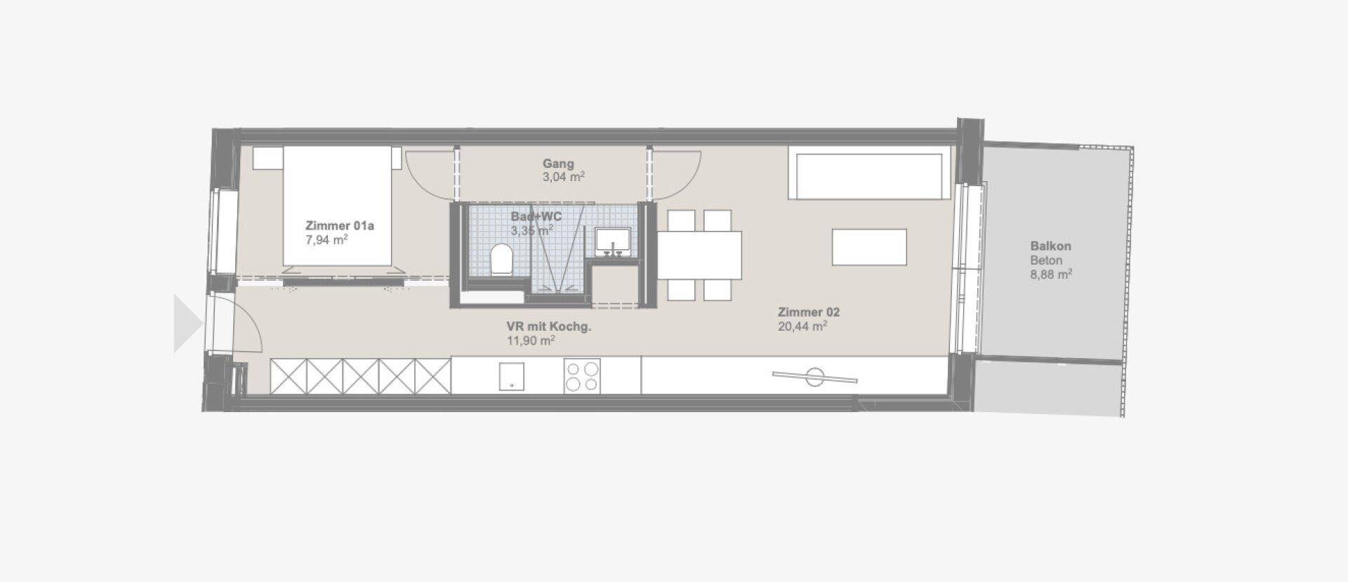 Grundriss einer Wohnung mit einem Schlafzimmer, offenem Wohnbereich und Balkon.