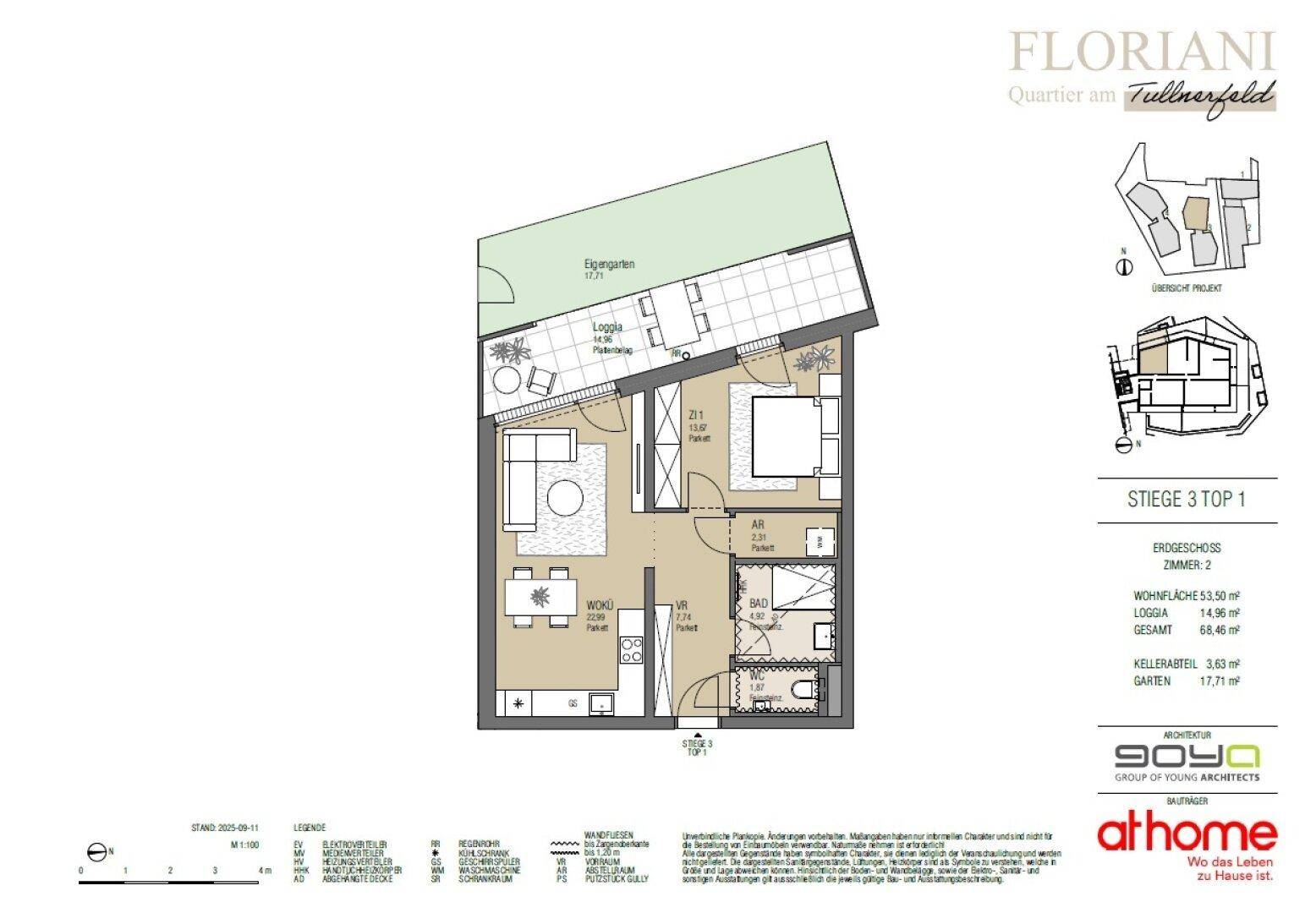 Grundriss einer 2-Zimmer-Wohnung mit offenem Wohnbereich, Loggia und privatem Gartenanteil.