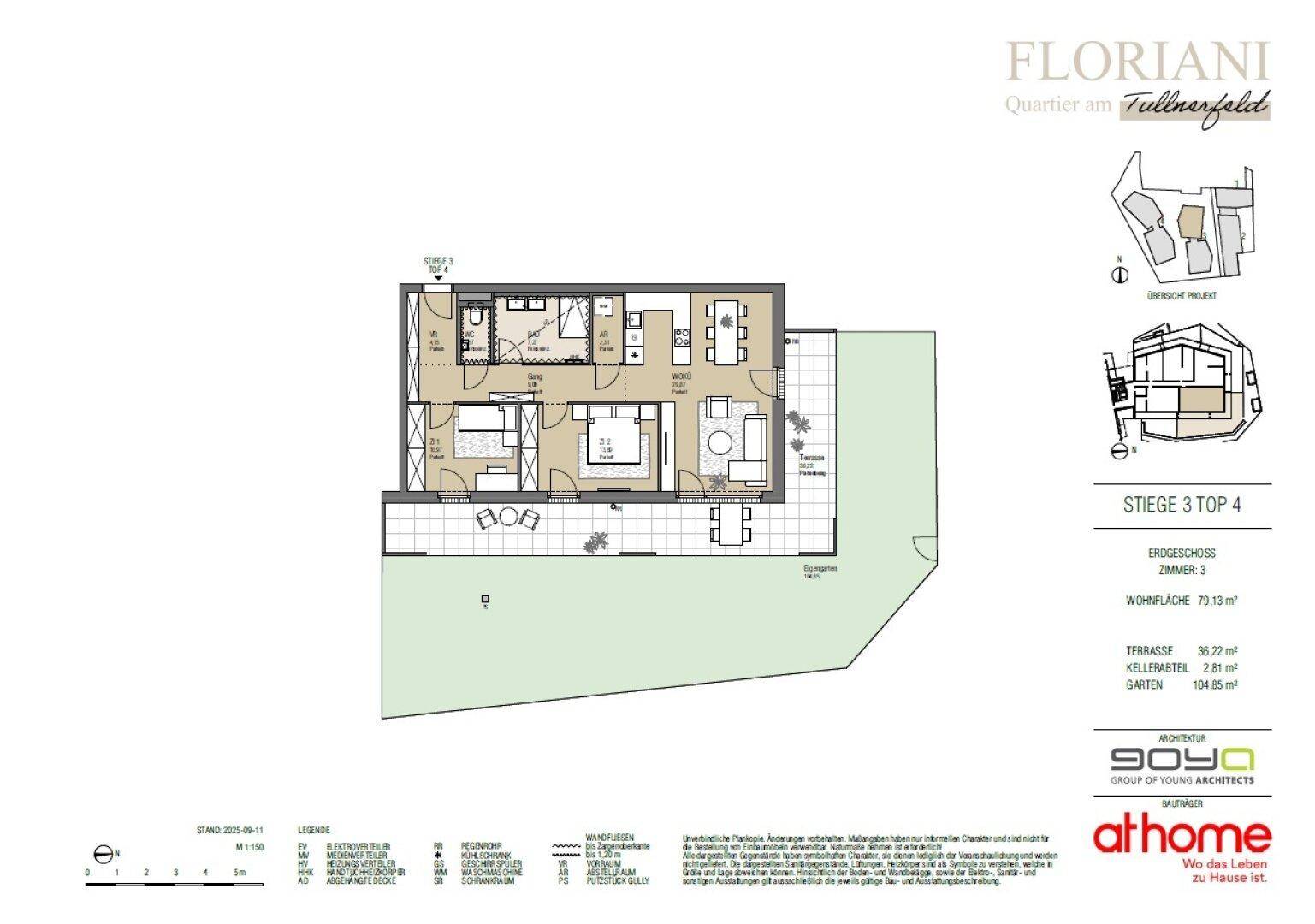 Grundriss einer Erdgeschosswohnung mit offenem Wohnbereich, zwei Schlafzimmern, zwei Bädern, Terrasse und Garten.