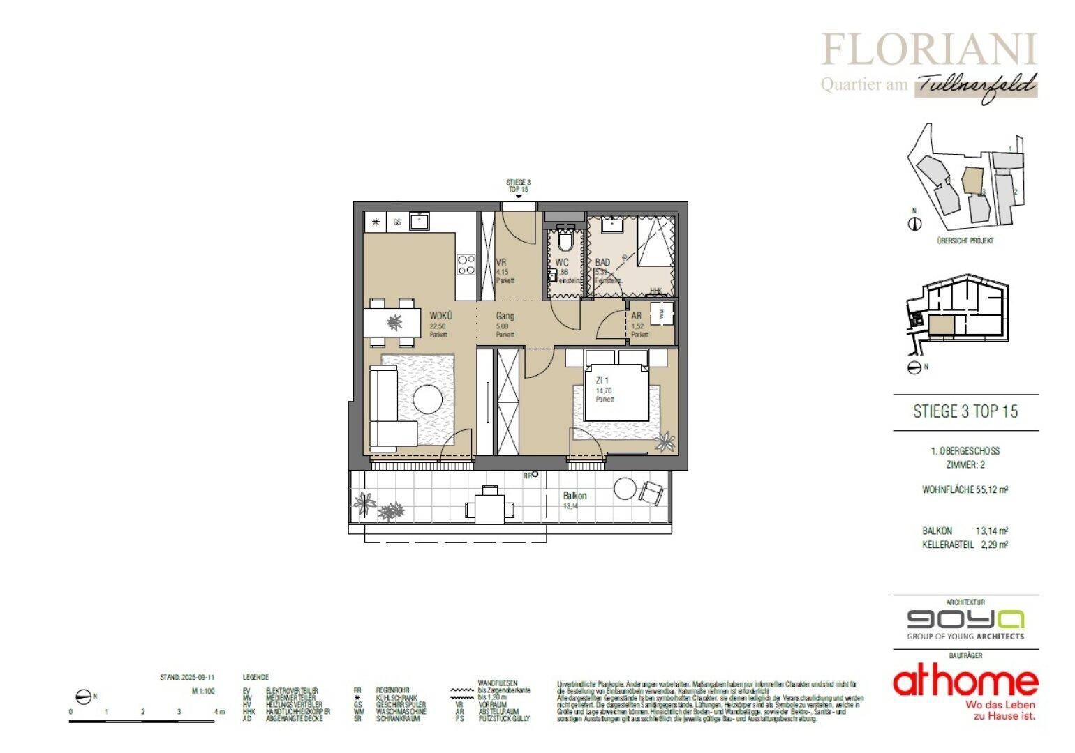 Grundriss einer modernen 2-Zimmer-Wohnung mit offenem Wohnbereich, separatem WC und großem Balkon.