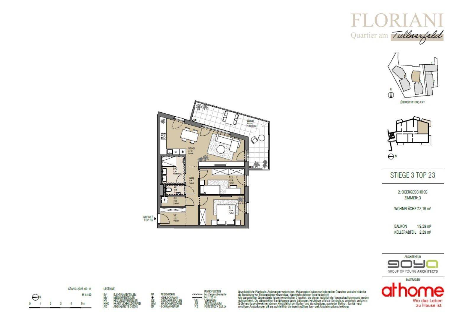 Grundriss einer 3-Zimmer-Wohnung mit offenem Wohnbereich, zwei Schlafzimmern, Bad, separatem WC und großem Balkon.