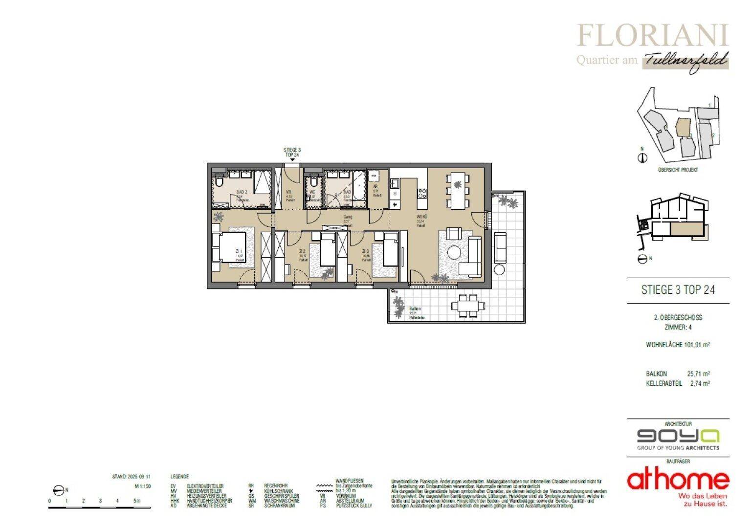Grundriss einer 4-Zimmer-Wohnung im 2. Obergeschoss mit offenem Wohnbereich, drei Schlafzimmern, zwei Bädern und großem Balkon.