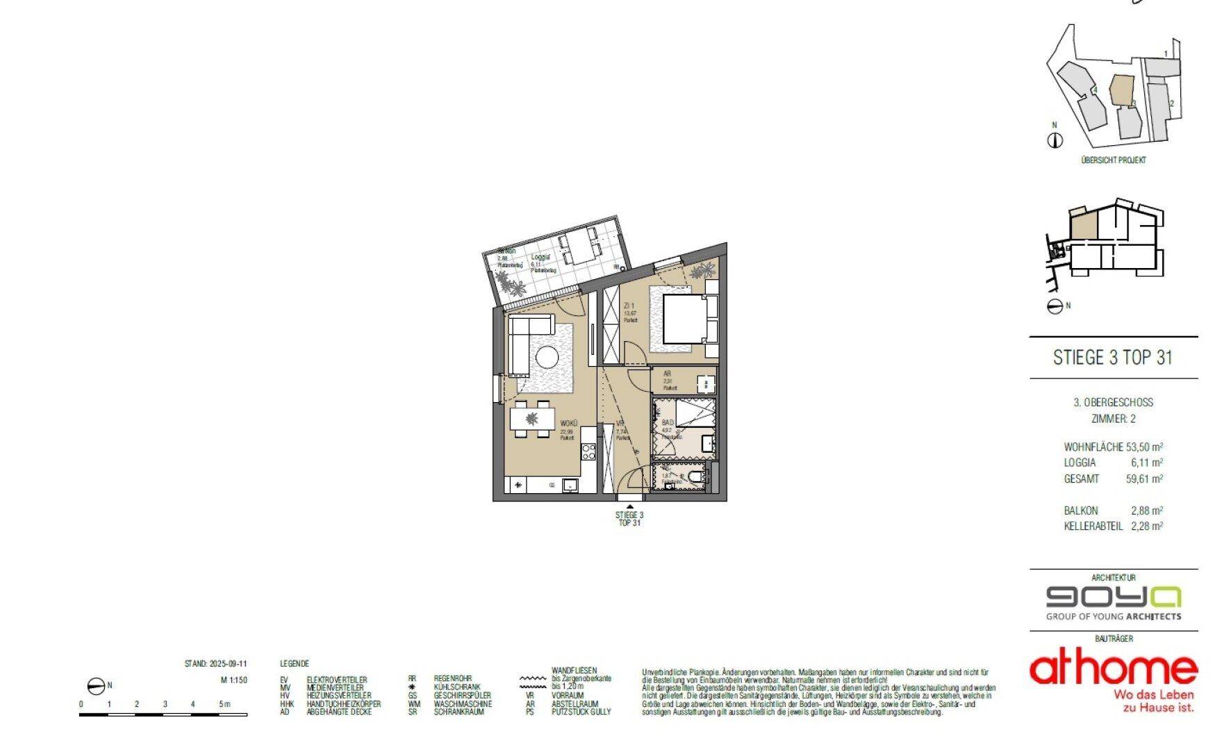 Detaillierter Grundriss einer 2-Zimmer-Wohnung mit offenem Wohnbereich, Loggia und separatem Balkon.