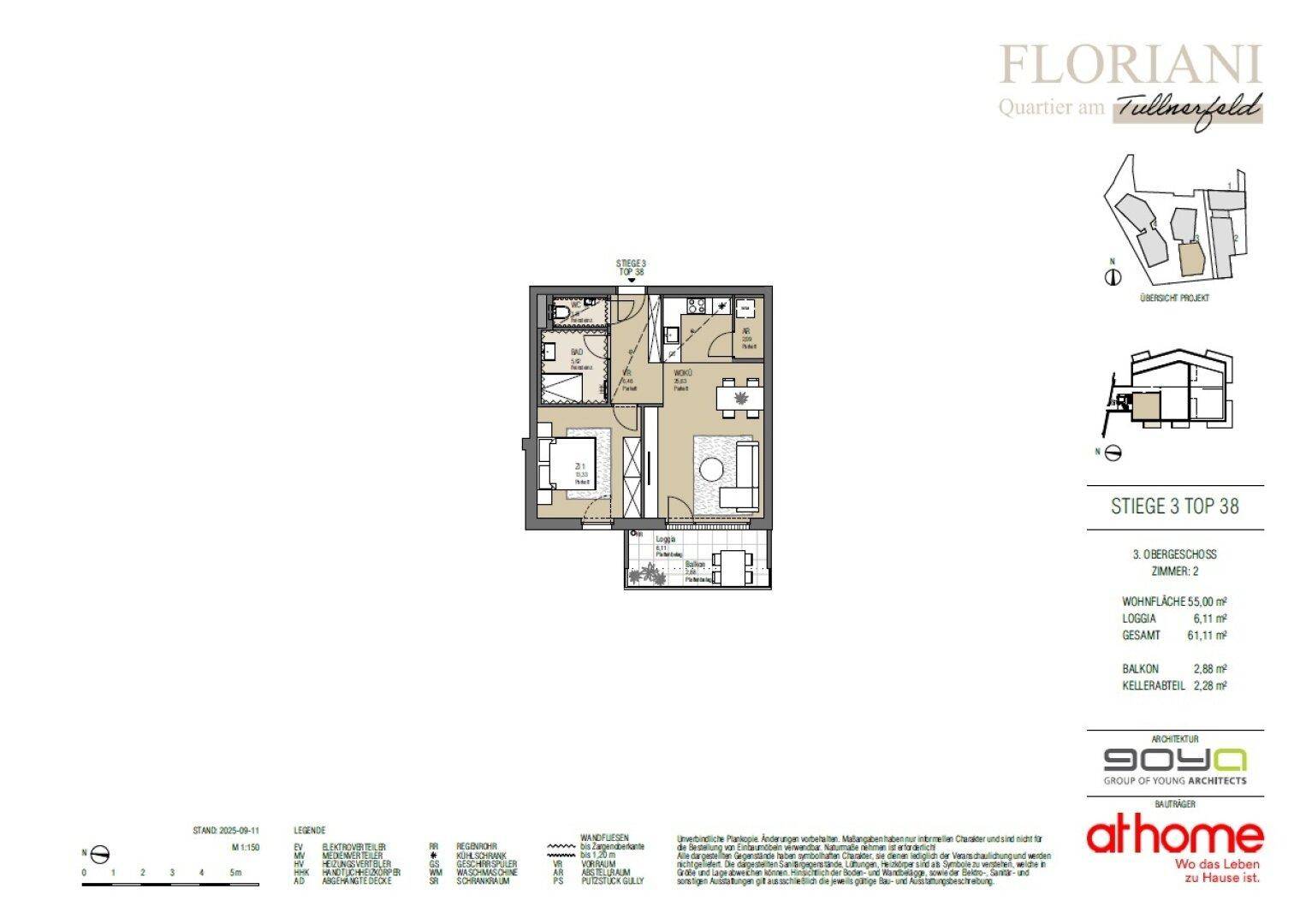 Grundriss einer 2-Zimmer-Wohnung mit offenem Wohnbereich, separatem WC, Loggia und Balkon.