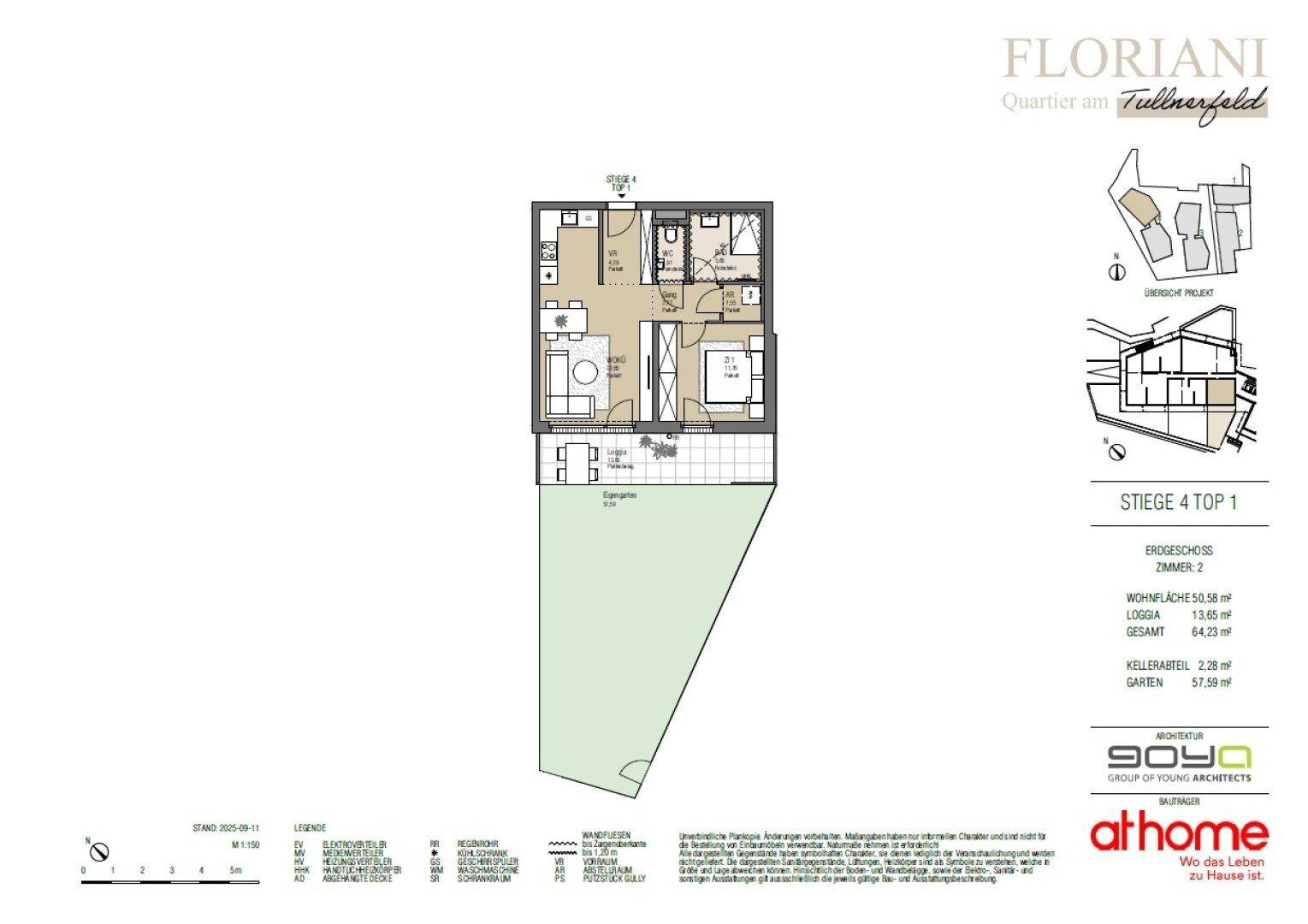 Grundriss einer Erdgeschosswohnung mit offenem Wohnbereich, Schlafzimmer, Loggia und privatem Garten.
