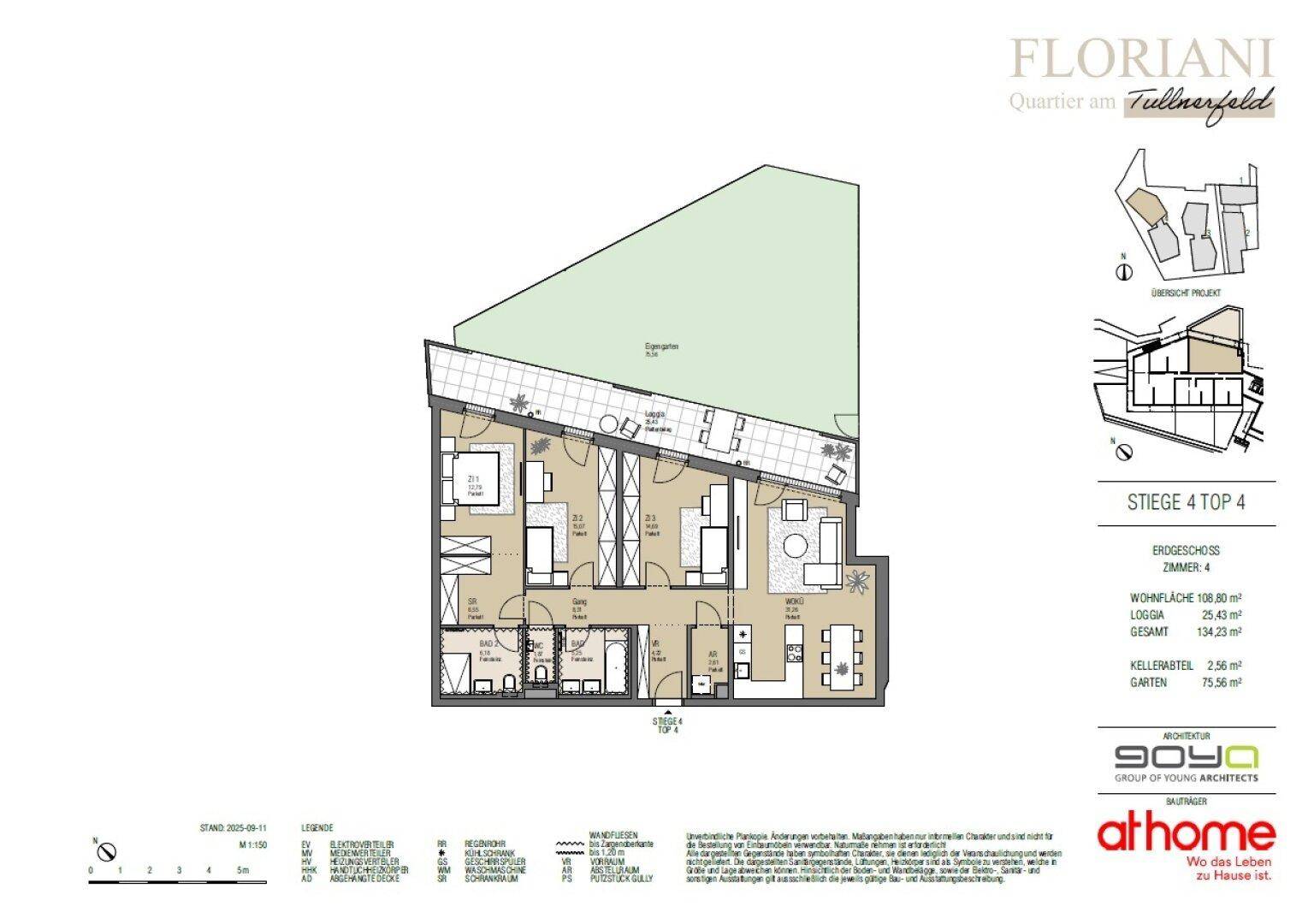 Grundriss einer modernen Wohnung mit offener Wohnküche, drei Schlafzimmern, zwei Bädern, Loggia und privatem Garten.