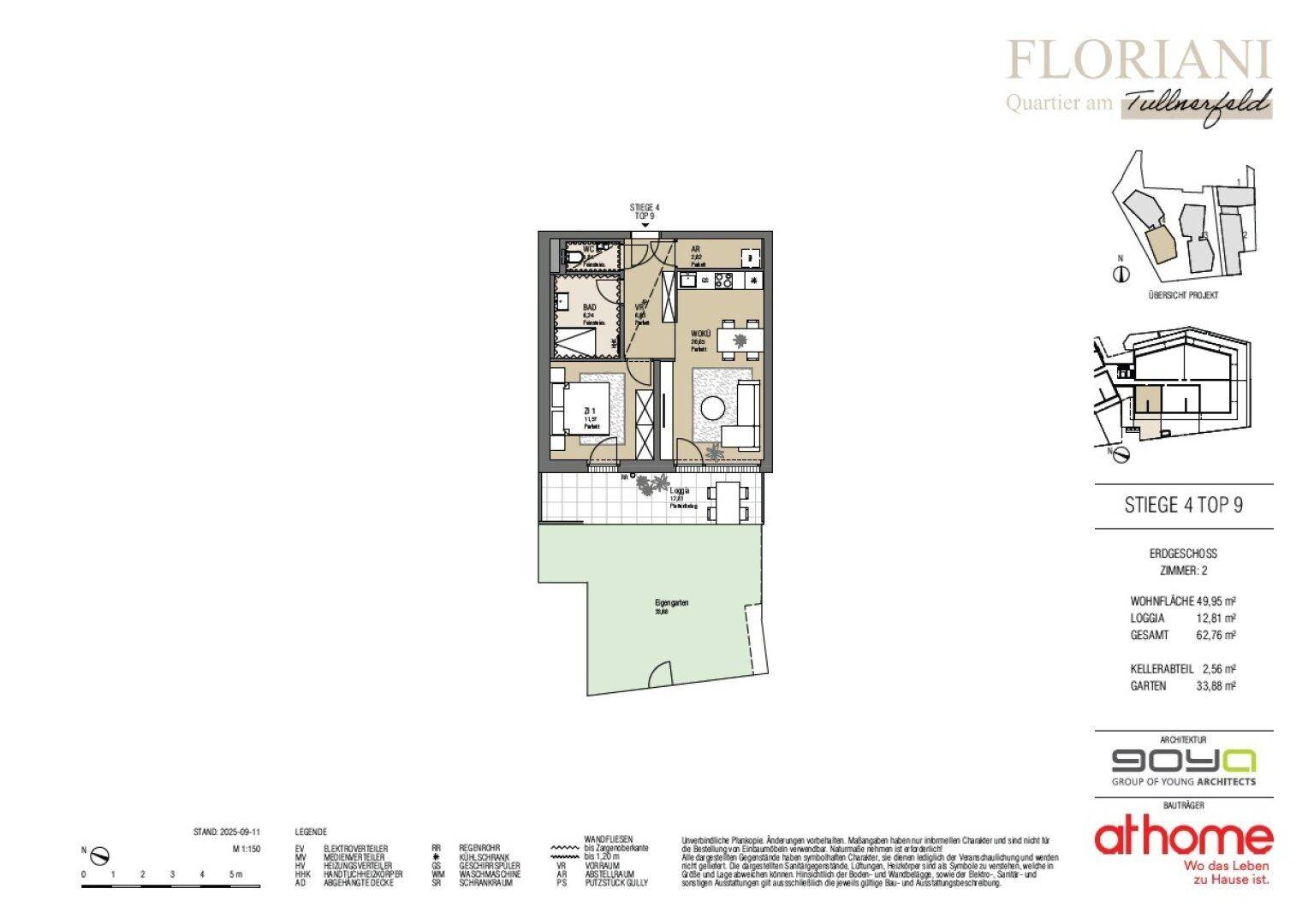 Grundriss einer Erdgeschosswohnung mit offenem Wohnbereich, Schlafzimmer, Bad, Loggia und eigenem Garten.