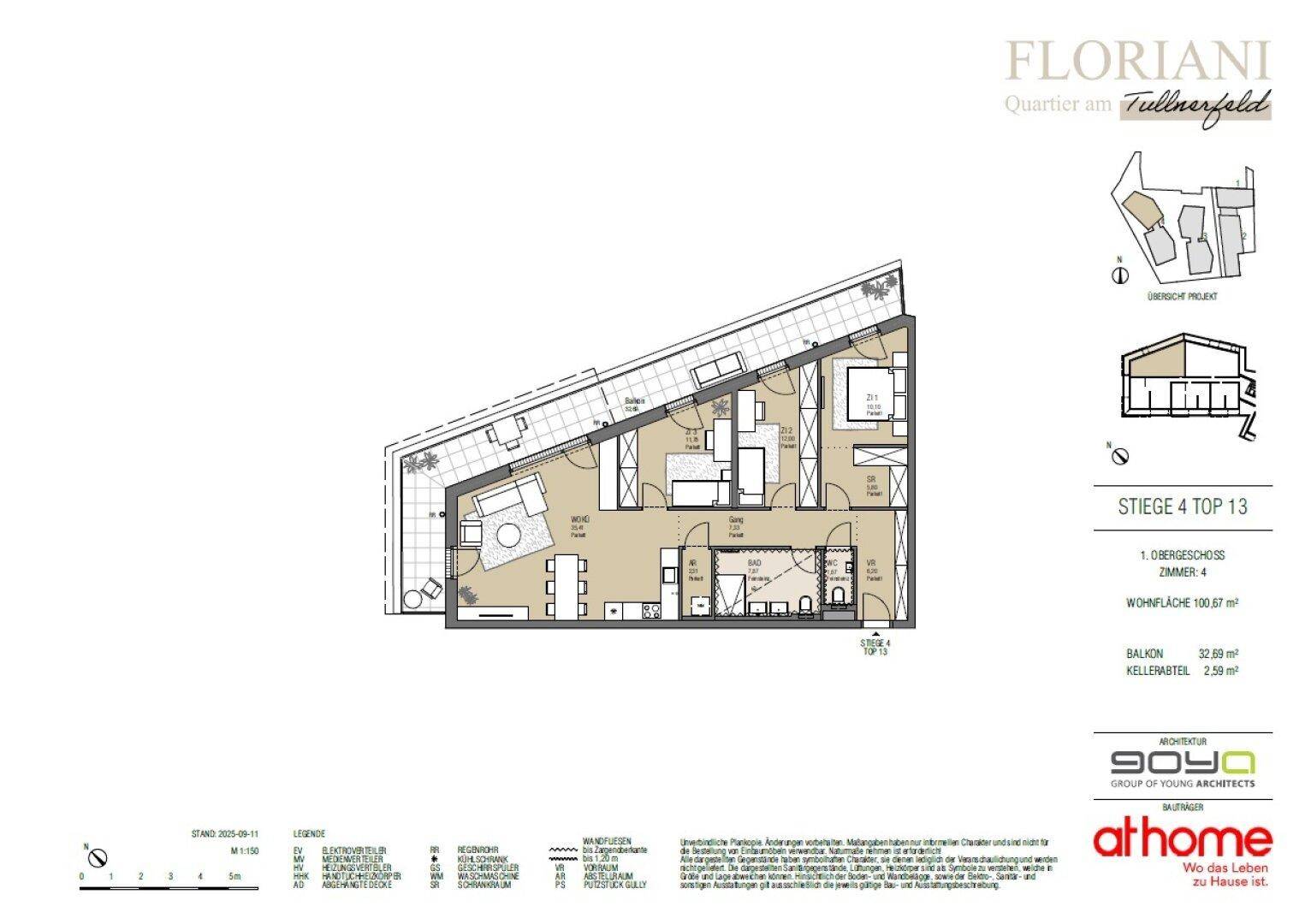 Grundriss der Wohnung Top 13 im 1. Obergeschoss mit 100,67 m² Wohnfläche und Balkon.