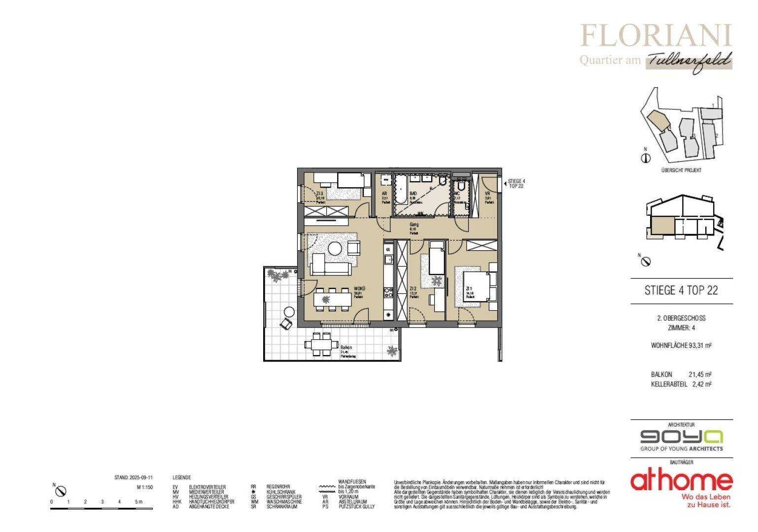 Grundriss einer modernen 4-Zimmer-Wohnung im zweiten Obergeschoss mit offenem Wohnbereich und großem Balkon.
