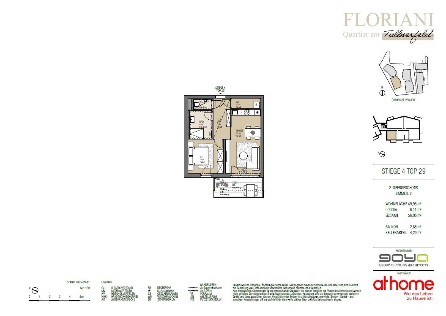 Grundriss einer 2-Zimmer-Wohnung mit offenem Wohnbereich, separatem WC und Loggia.