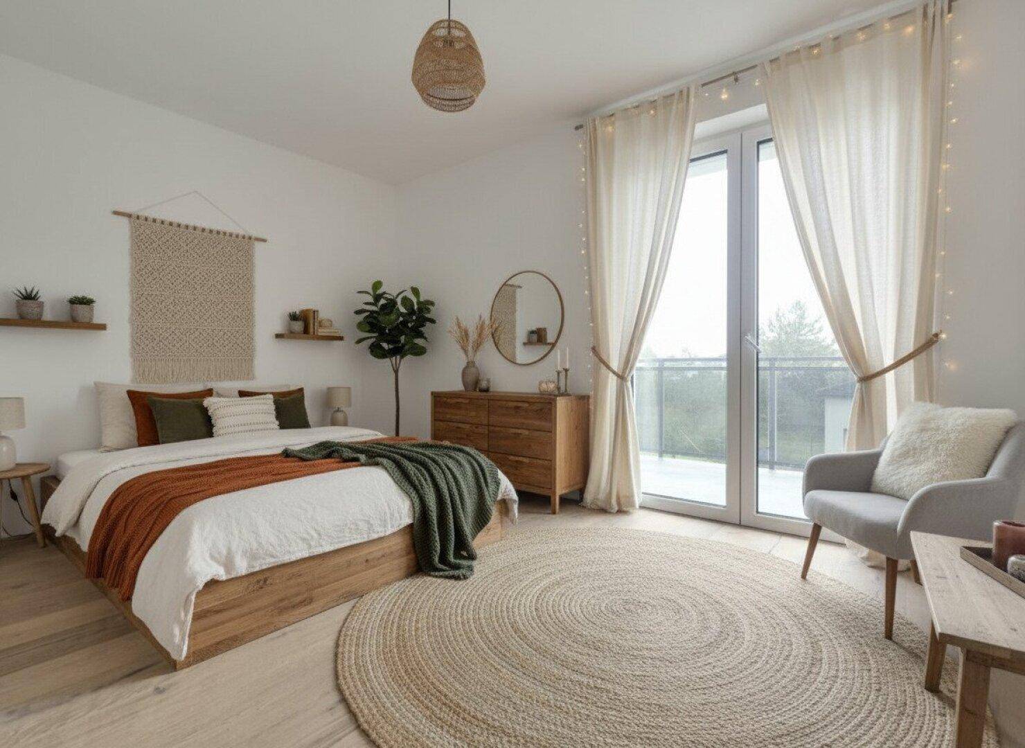 Helles Schlafzimmer mit Holzbett, gemütlicher Einrichtung und Zugang zu einem Balkon oder einer Terrasse.