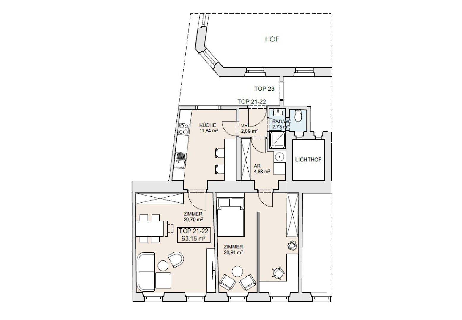 Grundriss der Wohnung TOP 21-22 mit Küche, Bad/WC und zwei Zimmern.